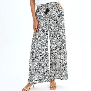 Palazzo Beach Resort Paisley Pants Women's 1X Vacation Wide Leg Cream Blue